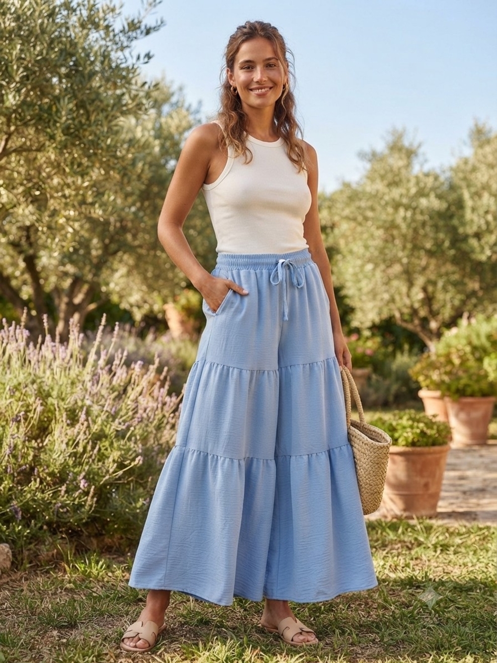 Size M Light Blue Tiered Pants For Women is Beautiful